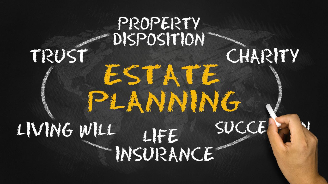 A chalk board with text written by hand about Estate Planning such as Trust, Living Will, Life Insurance, etc.