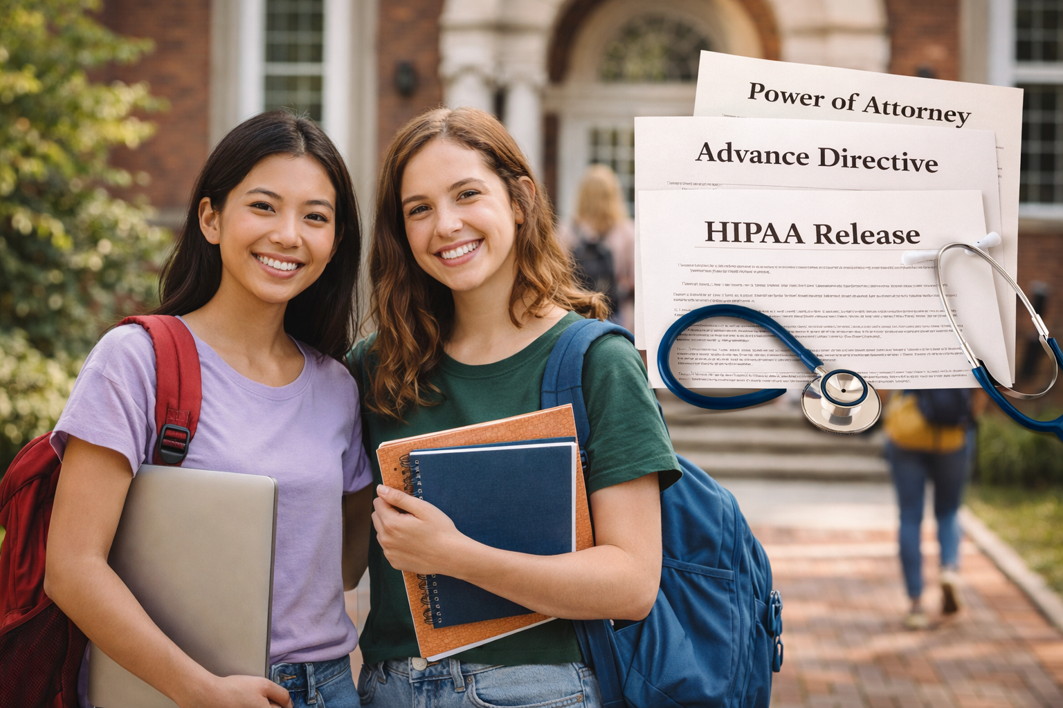 Two young college students standing in front of their school, estate planning documents off to the side