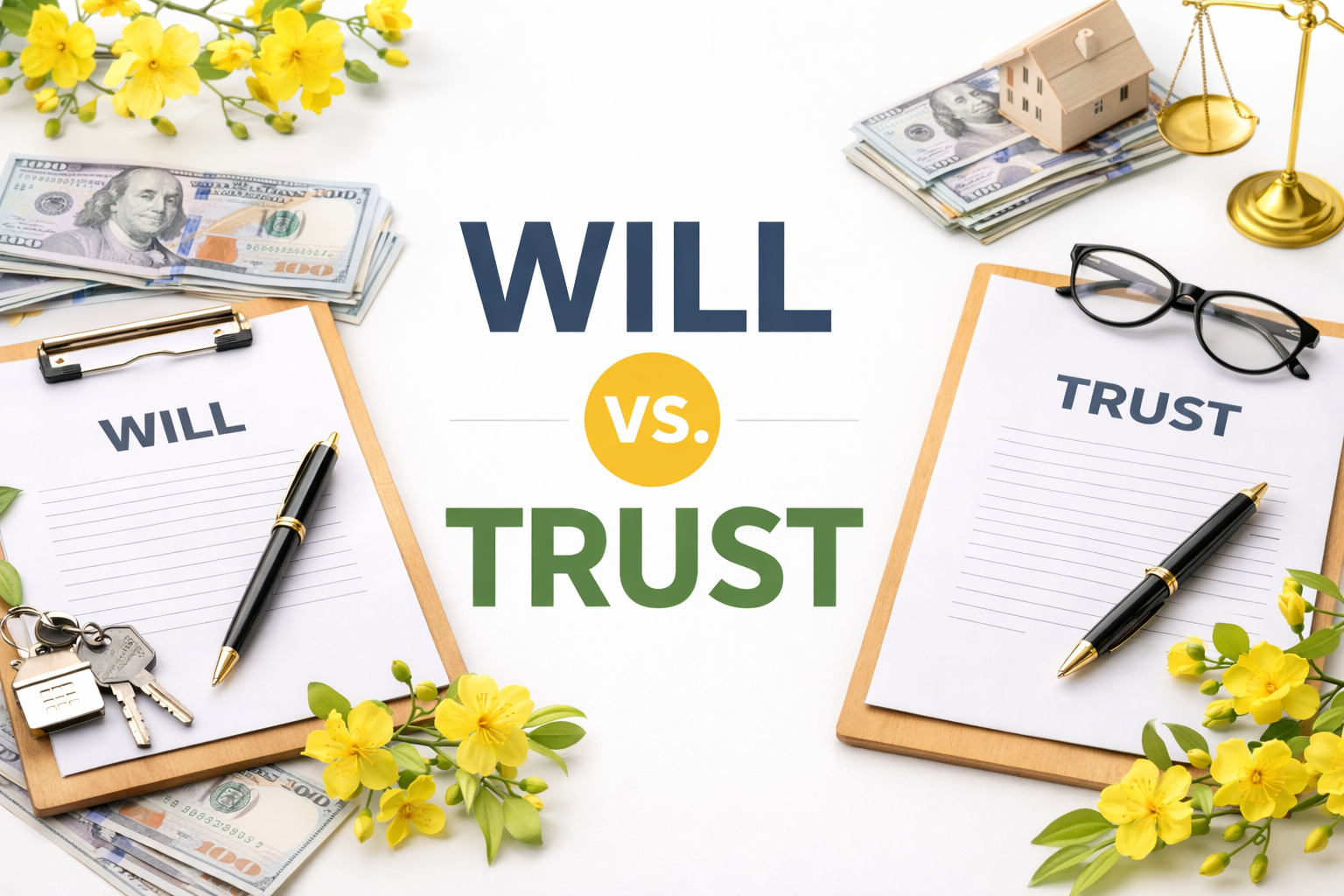 Two clip boards, one says Will and the other Trust, with a "vs." between them. Yellow apricot blossoms and US dollars around them.